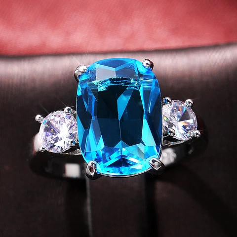 Bague En Cuivre Zirconium Cubique Bleu Rectangulaire Couleur Argent Trois Pierres Élégante Mariage Mariée Luxe Femmes