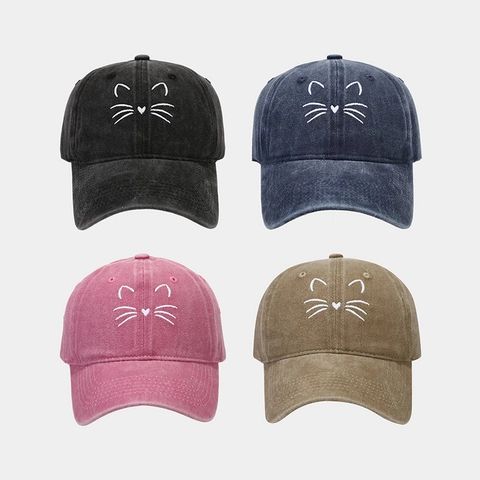 Gorra De Béisbol De Algodón Lavado Bordado De Gato Vintage Distressed Sombrero De Sol Hombres Mujeres Ajustable