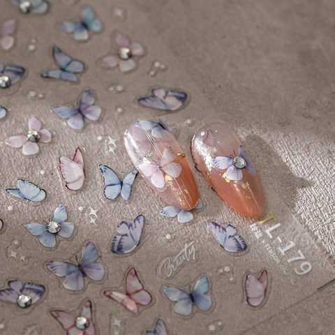 Butterfly Nail Art Stickers With Rhinestone Embossed Relief Gradient Holographic Self Adhesive DIY Manicure Decals