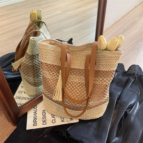 Sac Cabas En Paille Tissé Pour Femmes Sac À Épaule Rayé Évidé Avec Gland Et Bretelles En Cuir PU Style Vacances Plage