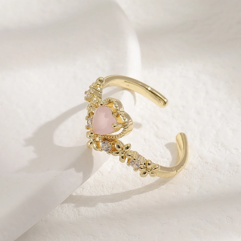 Pinkes Herz Verstellbarer Offener Ring Kupfer Mit Zirkon Vergoldet Süß Romantisch Mode Schmuck Für Frauen Mädchen