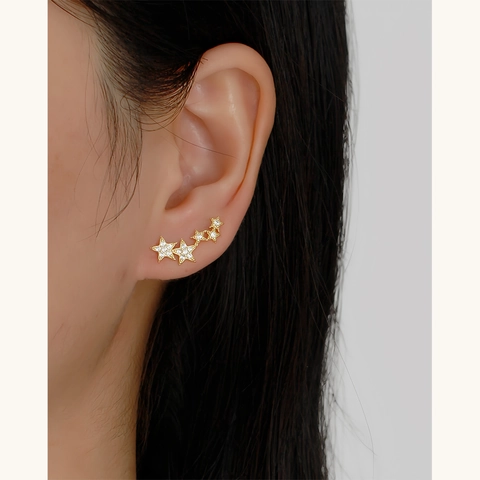 925 Sterling Silver Star Stud Earrings With Rhinestones Five Stars Curved Climber Trendy Jewelry For Women