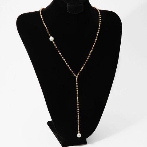Collana Lariat A Forma Di Y In Acciaio Inossidabile Con Perla Artificial Catena A Sfere Lungo Minimalista Impermeabile Placcato PVD
