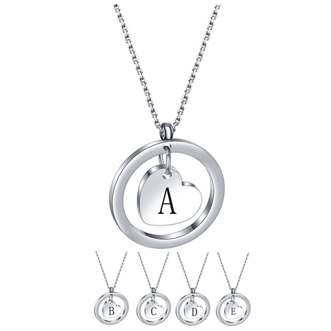 Hollow Round Ring Heart Charm Initial Pendant Necklace Stainless Steel Minimalist Fashion Jewelry For Women