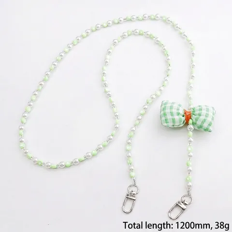 Handmade Acrylic Artificial Pearl Heart Crossbody Phone Chain With Plaid Bow For Women Phone Case Bag Decorative Lanyard Accessory