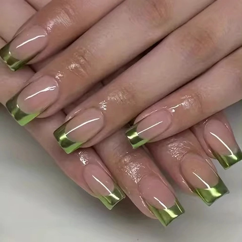 Unghie Finte Francesi Verdi Nude Quadrate Unghie Artificiali Per Donne Plastica ABS Lucida Moda Semplice