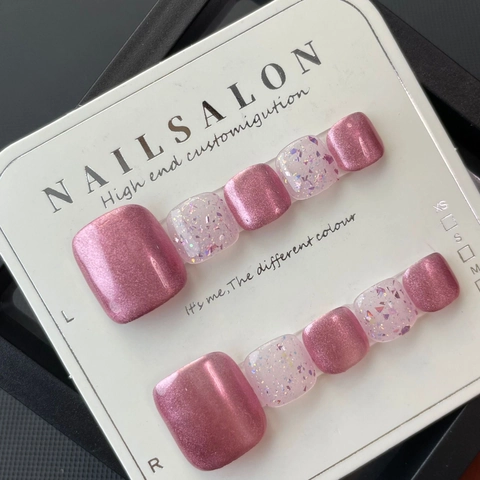 Press On Zehennägel Spiegelpuder Katzenaugeneffekt Glitzer Pailletten Roségold Handgefertigt Schick Fußnagelkunst Für Frauen