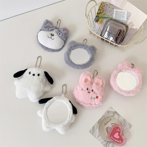 Espejo De Maquillaje De Animales De Peluche Espejo De Bolsillo Portátil Redondo Con Llavero Decoración De Bolso Suave