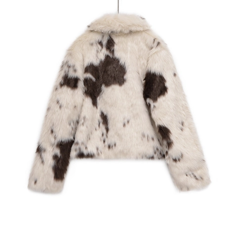Giacca Da Donna Stampa Mucca Pelliccia Sintetica Corta Manica Lunga Collo Revers Elegante Motivo Animale Streetwear