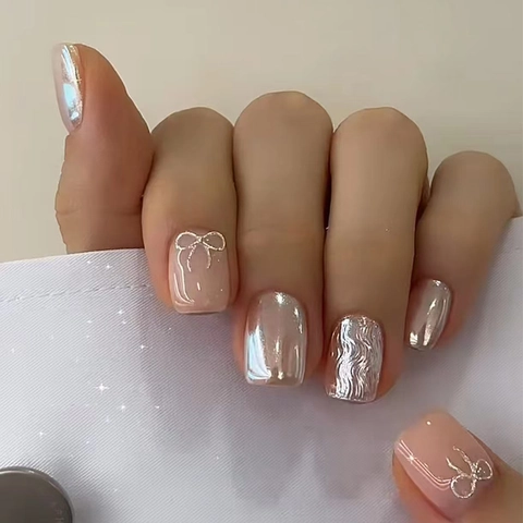 Press On Nagels Kort Vierkant Rond Roze Verloop Metallic Chrome Spiegel Finish Zoete Strik Ontwerp ABS Kunststof