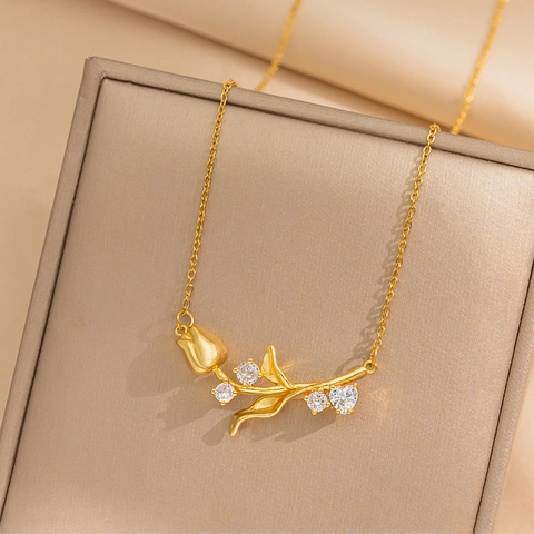 Collar Con Colgante De Tulipa Acero De Titanio Circonita Flor Delicado Estilo Francés Cadena De Clavícula Para Mujeres Joya