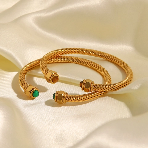 Stainless Steel Twisted Cable Open Bangle For Women Gold Silver Plated Natural Stone Ends Retro Fashion Cuff Bracelet Jewelry