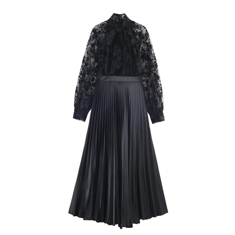 Mesh Flocking Patchwork Maxi Kleid Elegant Langarm Schleife Kragen Hohe Taille Plissee Banquet Party Kleid