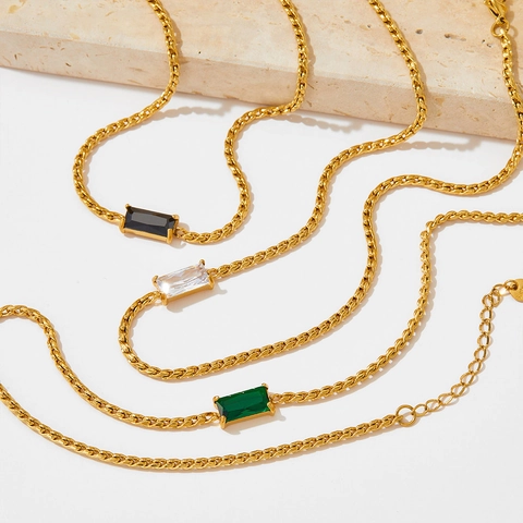 Collier Avec Pendentif Pierre Gemme Rectangulaire Acier Inoxydable Plaque Sous Vide Bijoux Fantaisie Femme Style Elegant