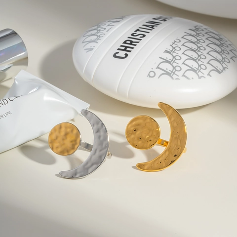 Sun Moon Offener Ring Edelstahl Gehämmert Himmlisch Verstellbar Minimalistischer Schmuck Für Damen