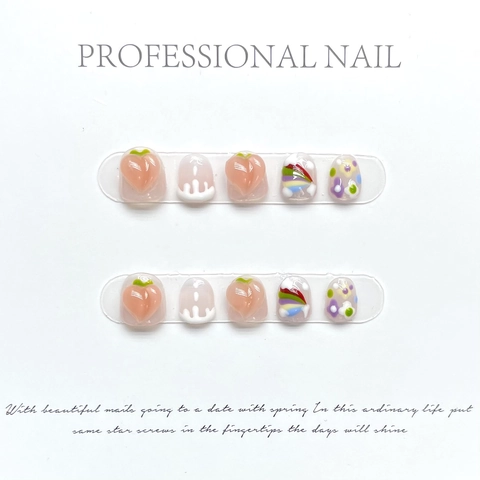 Sweet Kids Press On Nails Handmade 3D Peach Rainbow Cloud Patterns Short Full Cover Artificial Nails For Girls