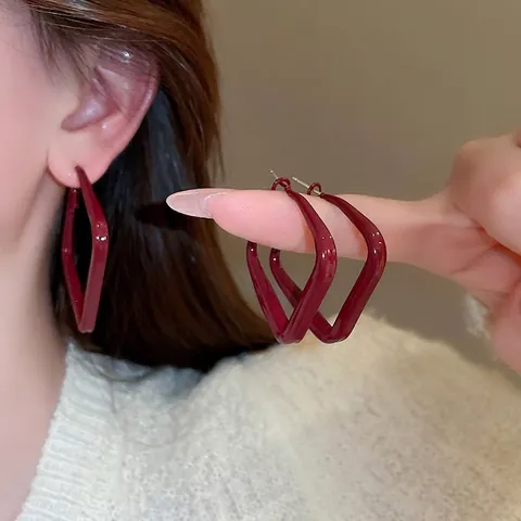 Geometrische Creolen Für Damen Mit Silbernem Ohrstecker Roter Lack Eisen Quadratische Raute Modeschmuck Zubehör
