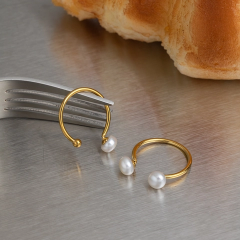 Anillo Abierto de Acero Inoxidable Minimalista para Mujer Perla de Agua Dulce Chapado en Oro Joyería de Moda Ajustable