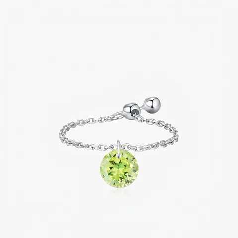 925 Sterling Silver Adjustable Chain Ring Round Green Zircon Pendant Forest Style Jewelry For Women