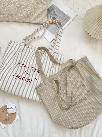 Gestreifte Tragetasche Große Kapazität Polyester Schulterhandtasche Mit Smile Gesicht Brief Stickerei Lässig Für Frauen