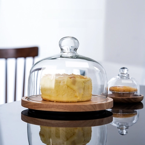 Rotating Acacia Wood Cake Stand With Glass Dome Lid Dessert Serving Tray For Pastry Bread Fruit Display Nordic Style