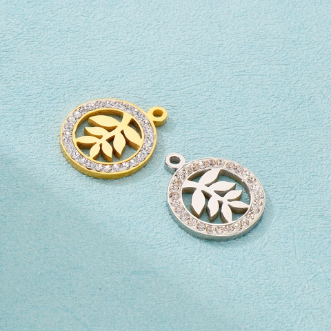 Colgante De Hoja Hueca Redonda De Acero Inoxidable Con Diamantes De Imitación Para Fabricación De Joyas Bricolage