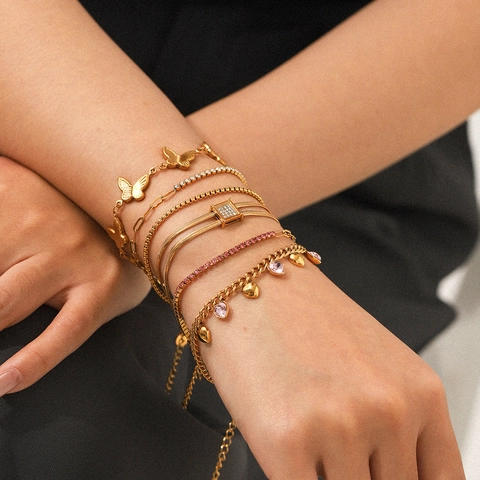 Stainless Steel Bracelet For Women Gold Plated Zircon Butterfly Heart Pendant Snake Bone Paperclip Chain Fashion Jewelry