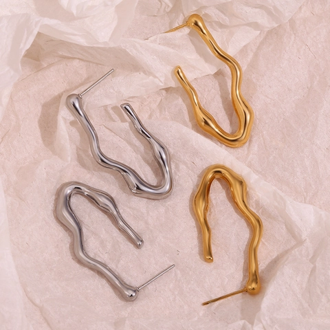 Orecchini A Cerchio Ondulati Irregolari Acciaio Inossidabile Placcato Oro 18K Stile Metallo Liquido Gioielli Minimalisti Donna