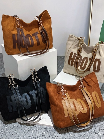 Große Damen Tote Bag Aus Mattiertem PU Wildleder Mit HOOTO Buchstaben Deko Lässige Pendler Schultertasche Mit Metallkette