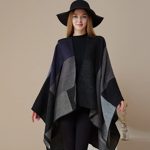 Damen Schal Cape Acryl Polyester Kaschmirimitat Wendbar Geometrisches Karomuster Warm Dick Poncho Umhang