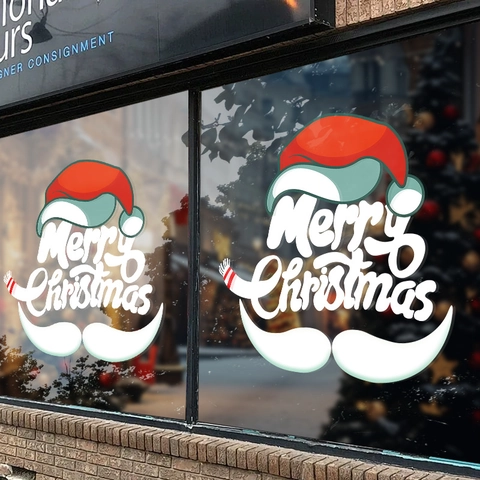 Christmas Window Clings Static PVC Double Sided Merry Christmas Santa Hat Beard Design Glass Door Holiday Decoration