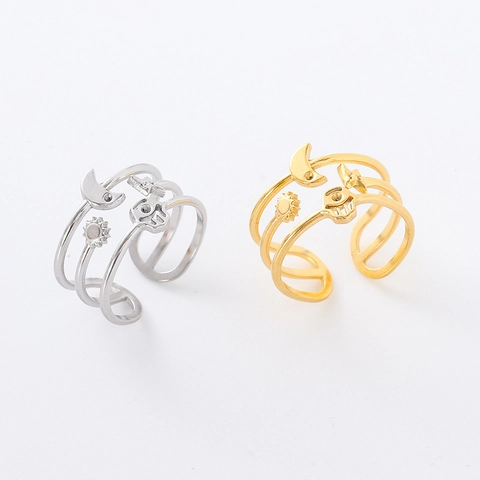 Anello Aperto Multistrato Acciaio Inossidabile 304 Regolabile Celeste Sole Luna Stella Mano Di Fatima Charms Gioielli Boho Donne