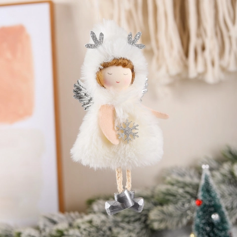 Ornamento da Appendere Bambola Angelo di Peluche Natalizio Fatto a Mano Corna di Renna con Paillettes Ali Fiocco di Neve Stella Arredamento