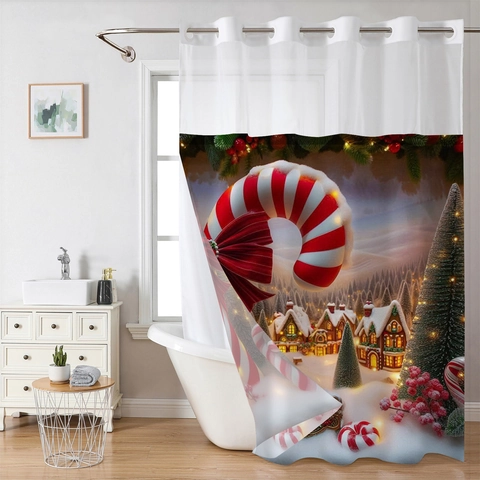 Weihnachts Duschvorhang Wasserdicht Polyester Hakenlose Ringe Abnehmbares Futter Weihnachtsmann Rentier Print Badezimmer Dekor