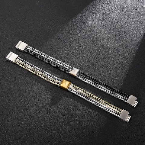 Herren Edelstahl Armband Zweifarbig Geflochten Geometrische Pyramide Magnetverschluss Hip Hop Punk Schmuck