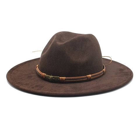 Western Cowboy Fedora Hat Wide Brim Suede Polyester With Skull Buckle Braided Band Vintage Jazz Knight Unisex Sunshade