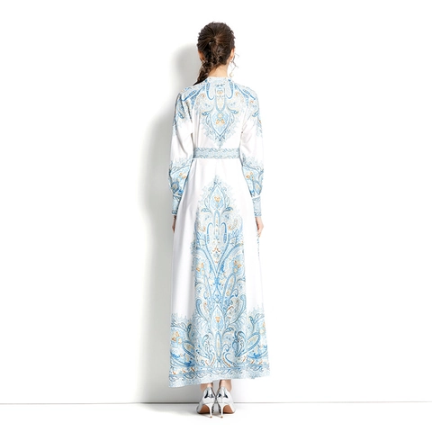 Women Elegant Paisley Print Maxi Dress Stand Collar Long Sleeve Button Down With Belt Vintage Polyester