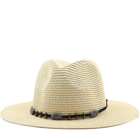 Straw Fedora Hat Summer Sun Protection Beach Sunhat Boho Western Style Decorative Band Feather Beads Women Men