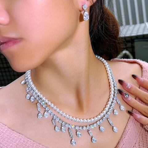 Conjunto De Joyas De Collar De Doble Capa Y Pendientes Cobre Circón Colgante Gota De Agua Perla Artificial Novia Boda Para Mujer