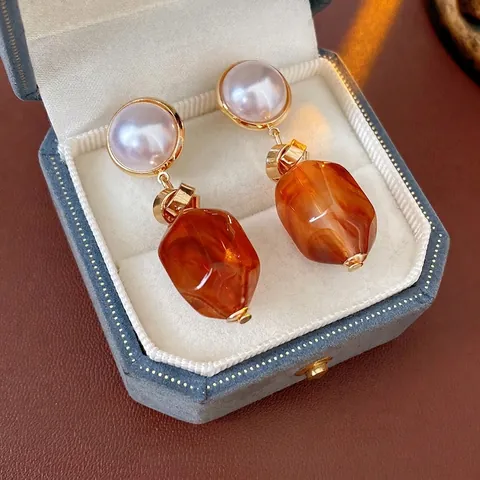Vintage Hänger Ohrringe Mit Silver Earring Post Unregelmäßiges Harz Bernstein Marmor Kunstperle Legierung Geometrisch Für Damen