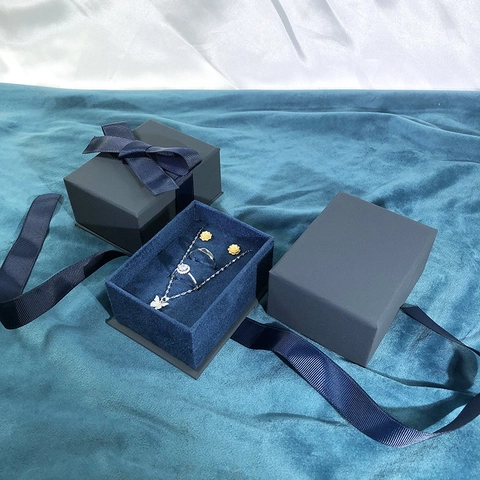 Scatola Per Gioielli Blu Notte E Borsa Confezione Regalo Cartone Strutturato Fiocco In Nastro Fodera In Velluto Per Collana Anello Orecchino