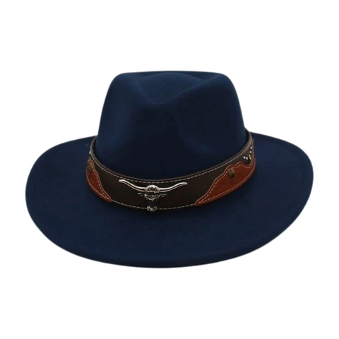 Western Cowboy Hat Wool Felt Fedora With Bull Head Metal Ornament Leather Band Vintage Ethnic Style Unisex