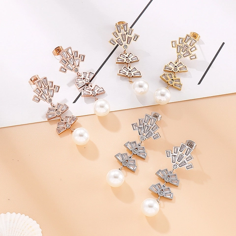 Pendientes Largos Geométricos De Abanico Acero Inoxidable Incrustación Circón Con Perla Artificial Estilo Art Deco Para Mujer
