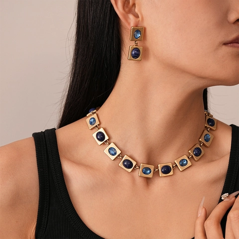 Vintage Geometric Square Blue Resin Rhinestone Necklace And Earrings Jewelry With Silver Earring Post For Women