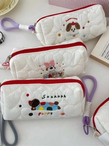 Cartoon Dog Embroidery Quilted Pencil Case Large Capacity Portable Student Stationery Bag Cosmetic Makeup Storage Pouch