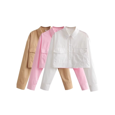 Women Crop Shirt Long Sleeve Polyester Solid Color Single Breasted Pockets Casual Fashion Blouse