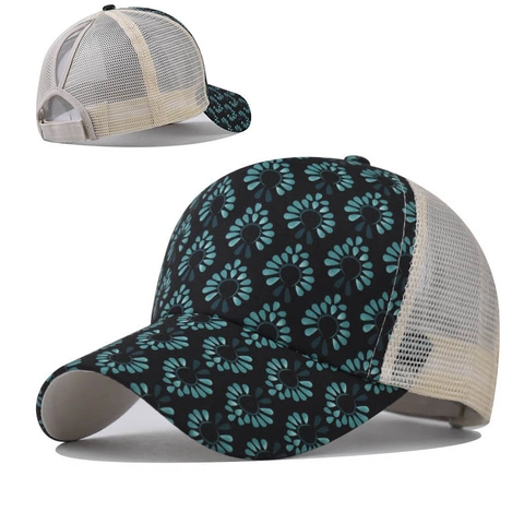 Gorra De Béisbol Con Cola De Caballo Mujer Algodón Malla Transpirable Estampado Floral Ajustable Agujero Para Coleta Alta