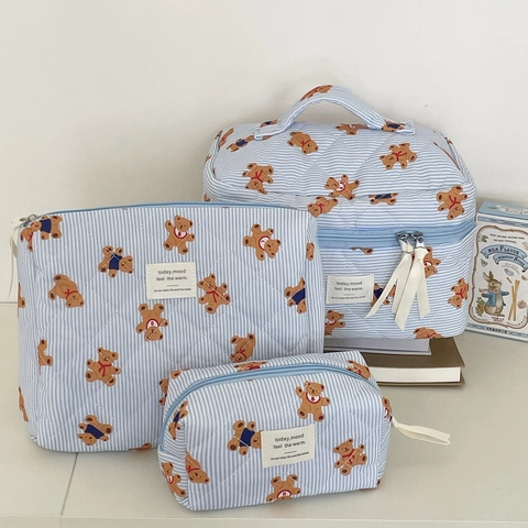 Quilted Cosmetic Bag Polyester Striped Cartoon Bear Print Zipper Portable Makeup Travel Organizer For Women Girls