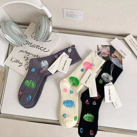 Damen Mode Crew Socken Bunte Farbspritzer Muster Gekämmte Baumwolle Gerippt Mittellang Lässig Atmungsaktiv