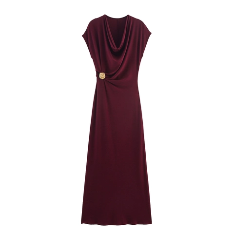 Elegante Abito Lungo Senza Maniche Con Scollo A Cappuccio Per Donna Poliere Drappeggiato Tinta Unita Con Fibbia Oro